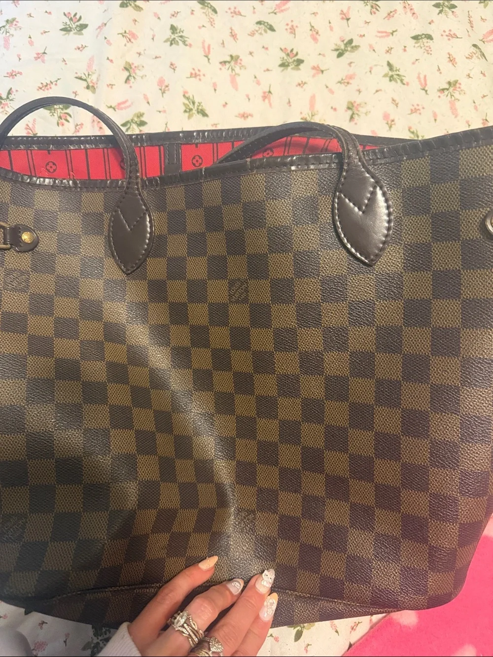 Louis Vuitton Brown Damier Ebene Tote with Red Interior